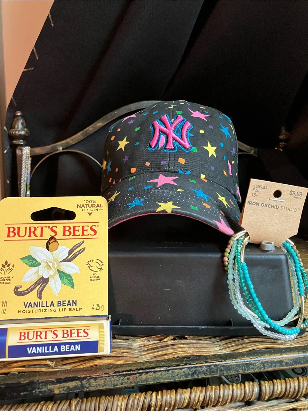Kids Black Cap with Multicolor Stars & Pink-Blue Logo & FREE lip balm & bracelet